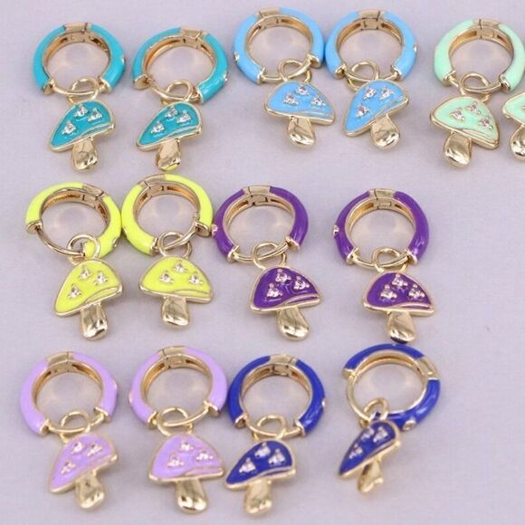 Gold Plated Rainbow Colored Enamel Mushroom Capped Huggie Hoop Festival Earrings - Picture 3 of 13